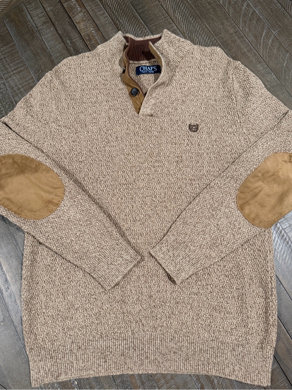 Chaps Men’s Tan Knit Quarter-Zip Sweater with Suede Elbow Patches